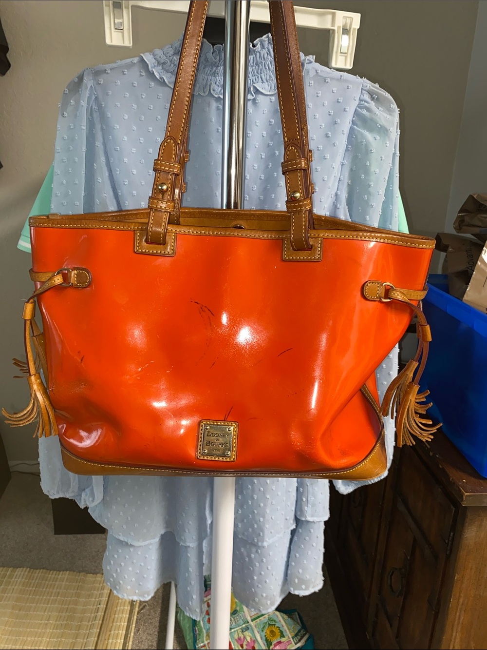 Dooney & Bourke Orange Patent Leather Tote with Tan Trim and Tassels